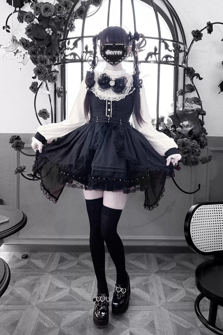 Black/White [Thorn Doll] Long Sleeves Ruffled Bow Pearl-Decorated Gothic Jirai Kei Dress