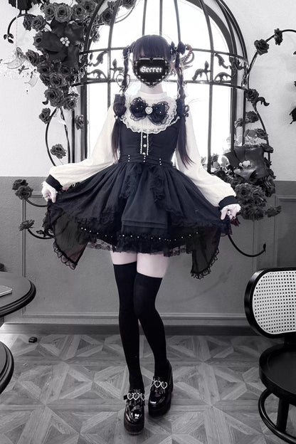 Black/White [Thorn Doll] Long Sleeves Ruffled Bow Pearl-Decorated Gothic Jirai Kei Dress