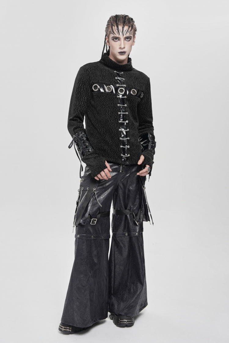 Black Stand Collar Long Sleeves Faux Leather Stitching Chain Eyelet Men's Punk Blouse