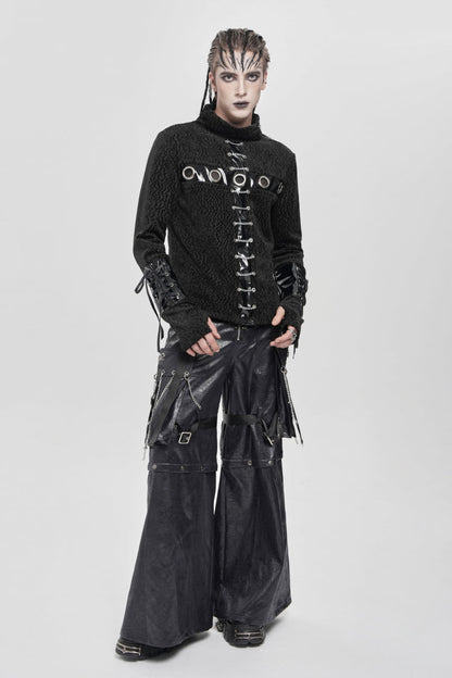 Black Stand Collar Long Sleeves Faux Leather Stitching Chain Eyelet Men's Punk Blouse