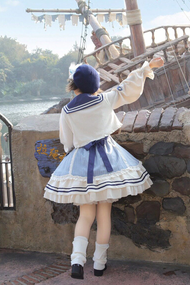 Blue/Ivory [Ride the Wind and Waves] Double-Layered Printed Ruffled Bow Lace Sweet Lolita Jsk Dress Set (Coat Included)