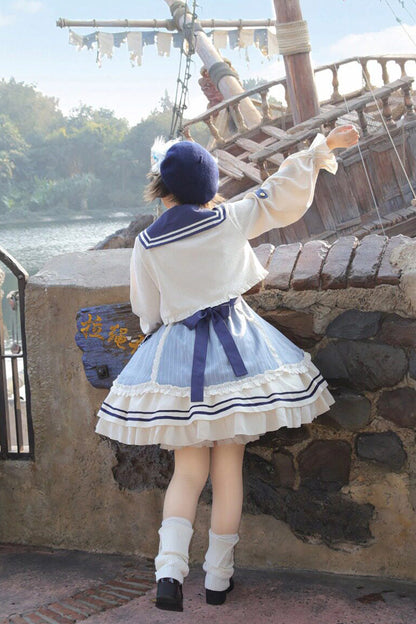 Blue/Ivory [Ride the Wind and Waves] Double-Layered Printed Ruffled Bow Lace Sweet Lolita Jsk Dress Set (Coat Included)