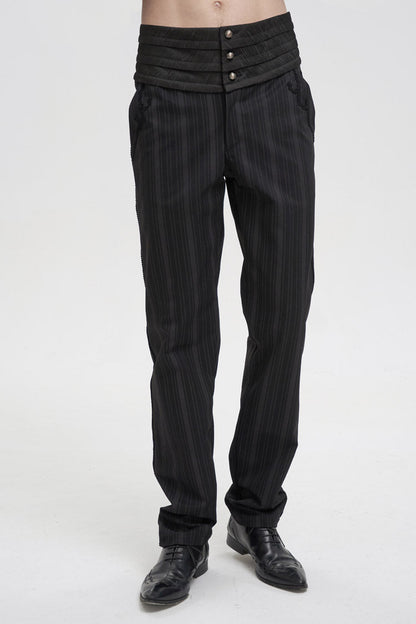 Black Retro Mid High Waist Micro Elastic Striped Woven Stitching Three Dimensional Jacquard Men's Gothic Trousers