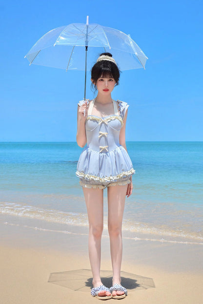 Blue Halterneck Ruffle Bowknot Sweet College Style Lolita One-piece Swimsuit
