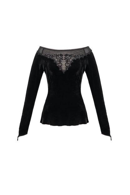 Black Velvet Off Shoulder Long Sleeve Mesh Collar Chest Flocking Pattern Women's Punk T-Shirt
