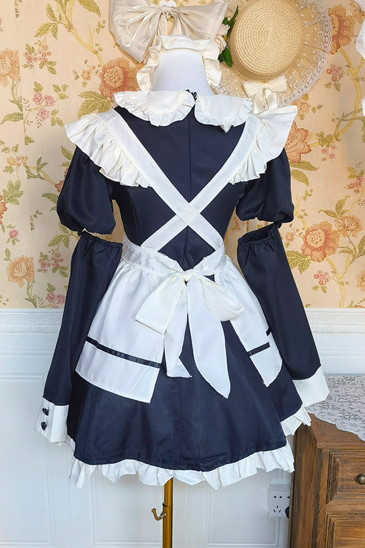 Black/White Short Sleeves Ruffle Bowknot Lace Plus Size Sweet Maid Short Lolita Dress