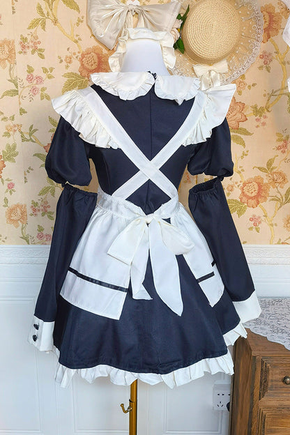 Black/White Short Sleeves Ruffle Bowknot Lace Plus Size Sweet Maid Short Lolita Dress
