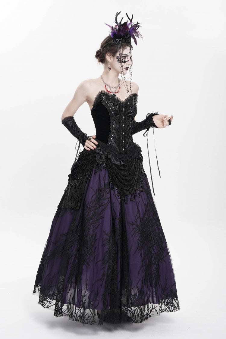 Black Sleeveless Beaded Lace Lace-Up Women's Gothic Overbust Corset