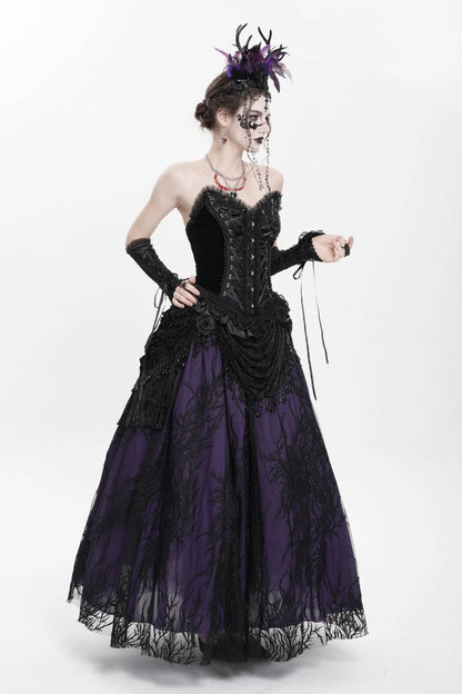 Black Sleeveless Beaded Lace Lace-Up Women's Gothic Overbust Corset