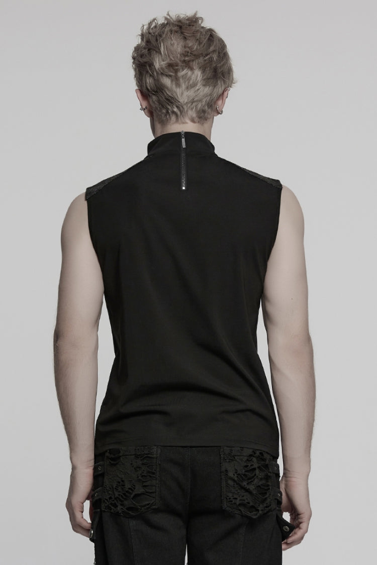 Black Sleeveless Stitching Mesh Eyelet Straps Men's Punk Vest