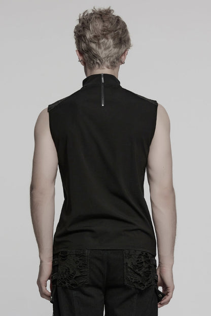 Black Sleeveless Stitching Mesh Eyelet Straps Men's Punk Vest