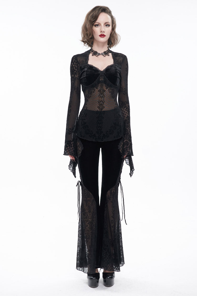 Black Velvet Mesh Splicing Metal Buttons Flared Sleeve Lace Women's Gothic T-Shirt