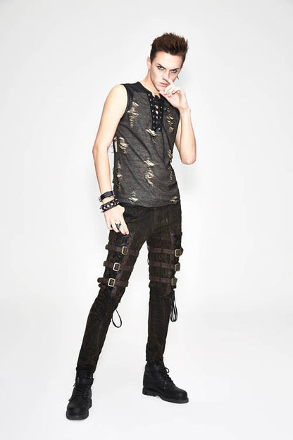 Brown Steampunk Multi Loops Embroider Lace Up Mens Pants