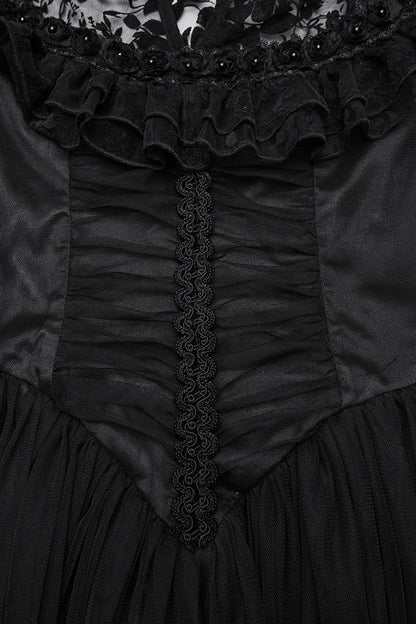 Black Stand Collar Hollow Embroidery Flocking Mesh Women's Gothic Formal Dress