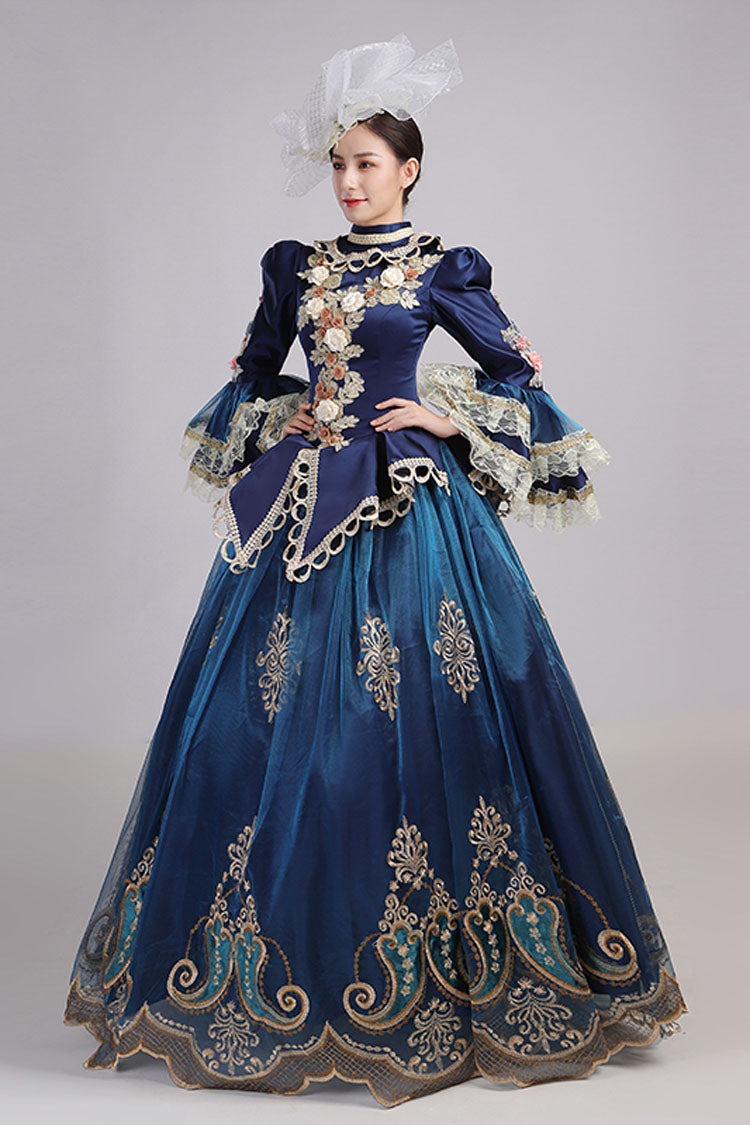 Blue Trumpet Sleeves High Waisted Three Dimensional Flower Hollow Embroidery Print Victorian Lolita Prom Dress