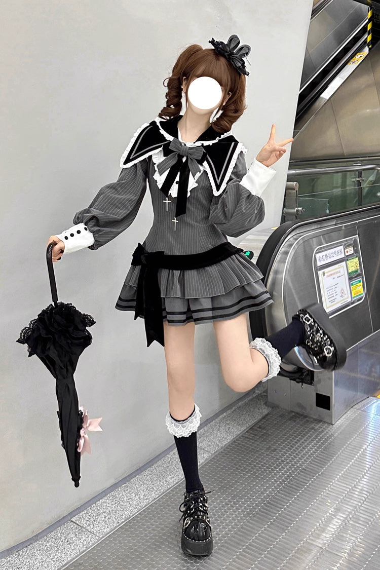 Black [Bizarre Rabbit Opera] Navy Collar Long Sleeves Print Ruffle Bowknot Gothic Lolita Dress