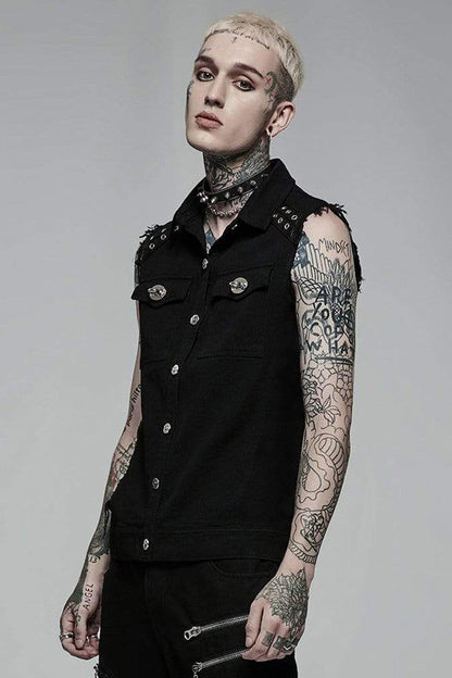 Black Punk Elastic Twill Fabric Featured Flap Pocket Metal Accessories Sleeveless Men's Vest