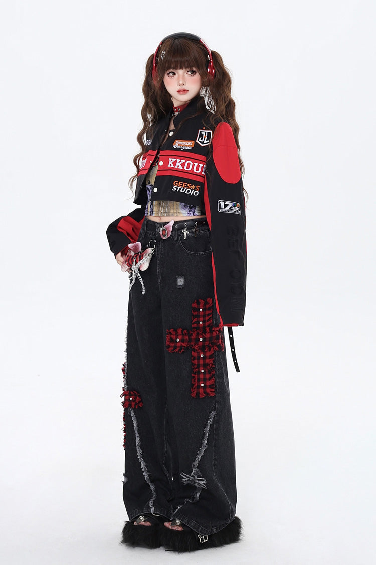 [Biker Girl] Long Sleeves Print Embroidery Zipper Detachable Jirai Kei Coat 3 Colors
