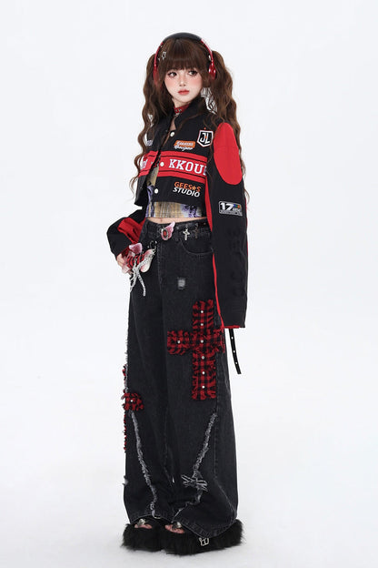 [Biker Girl] Long Sleeves Print Embroidery Zipper Detachable Jirai Kei Coat 3 Colors