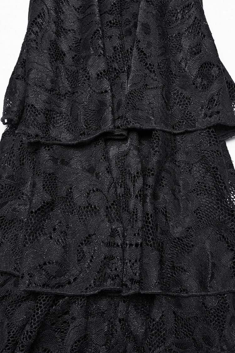 Black Triple-Layered Ruffle Lace-Up Mesh Women's Gothic Pants