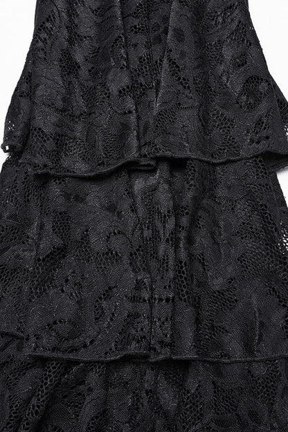 Black Triple-Layered Ruffle Lace-Up Mesh Women's Gothic Pants