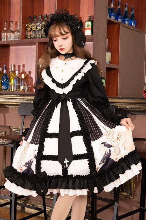 Black/White Dark Gold Hymn Bowknot Square Collar Long Sleeves Cardigan Ruffled Gothic Lolita OP Dress