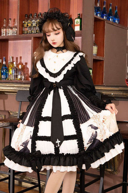 Black/White Dark Gold Hymn Bowknot Square Collar Long Sleeves Cardigan Ruffled Gothic Lolita OP Dress