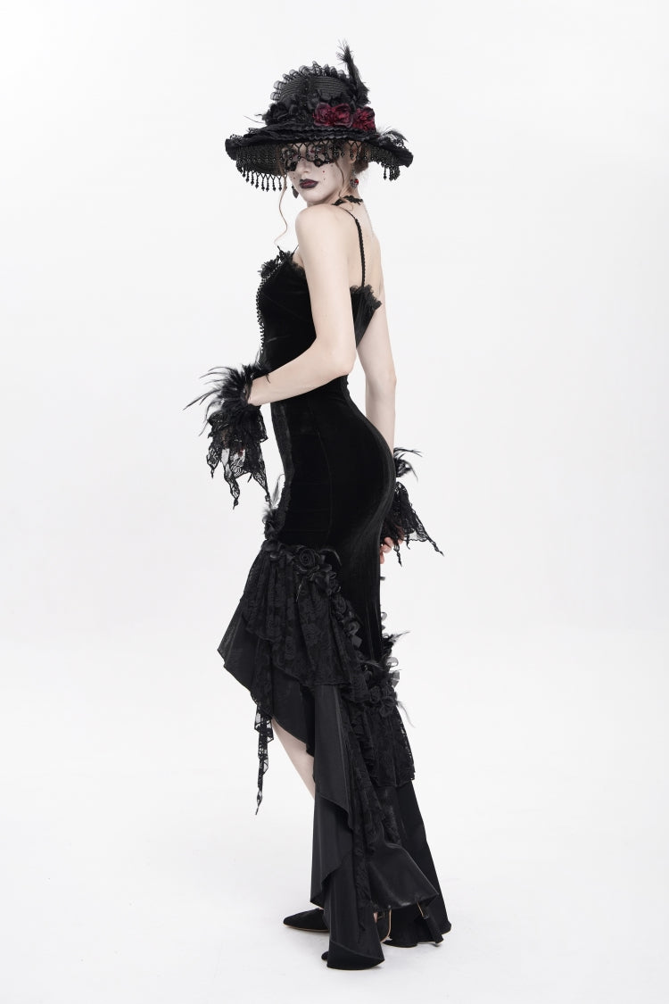 Black Sleeveless Cross Ruffled Floral Embroidered Chain-Decorated Women's Gothic Long Slip Dress