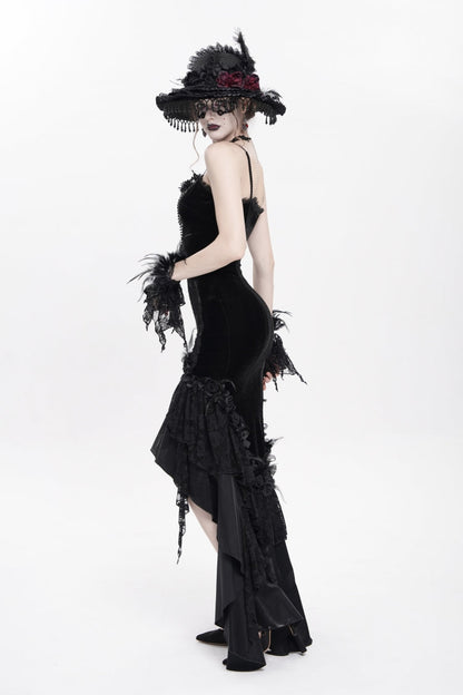 Black Sleeveless Cross Ruffled Floral Embroidered Chain-Decorated Women's Gothic Long Slip Dress