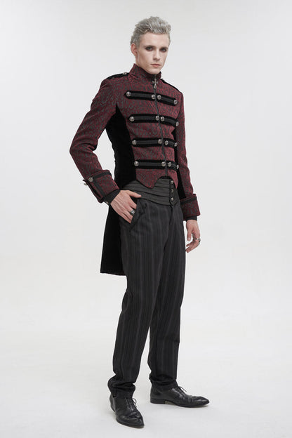 Red Silk Stand Collar Printed Metal Breasted Cross Zipper Back Slit Vintage Men's Gothic Jacket