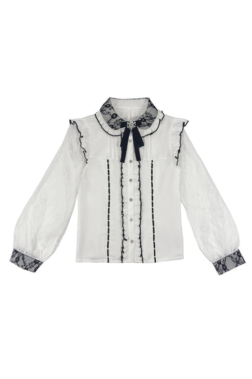 Sweet Lapel Collar Long Sleeves Jacquard Ruffled Bow Jirai Kei Japanese Blouse 2 Colors