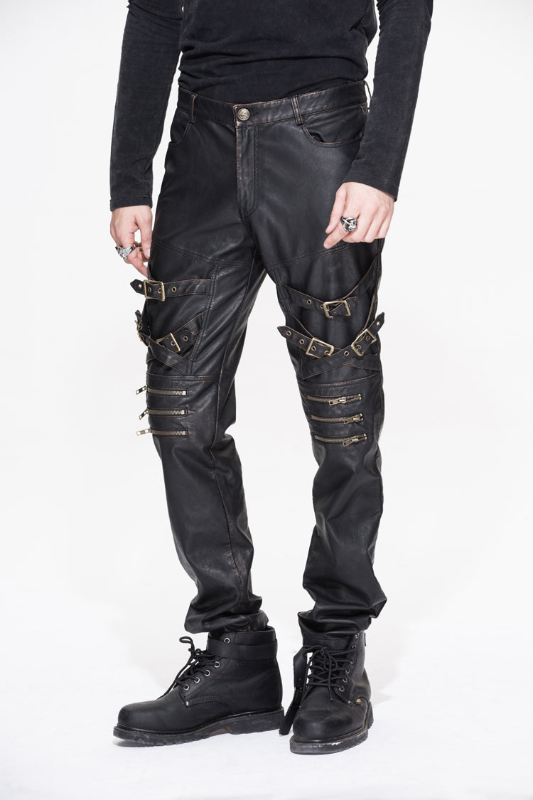 Bronze Multi Loops Zipper Metal Inlay Bandage Hand Rubbed Leather Men's Punk Pants