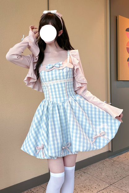 Blue [Sea Salt Strawberries] Sleeveless Plaid Print Bowknot Sweet Lolita Jsk Short Dress