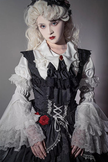 Black [Night Rose] Ruffle Bowknot Lace-Up Short Front and Long Back Gothic Gorgeous Lolita Jsk Dress