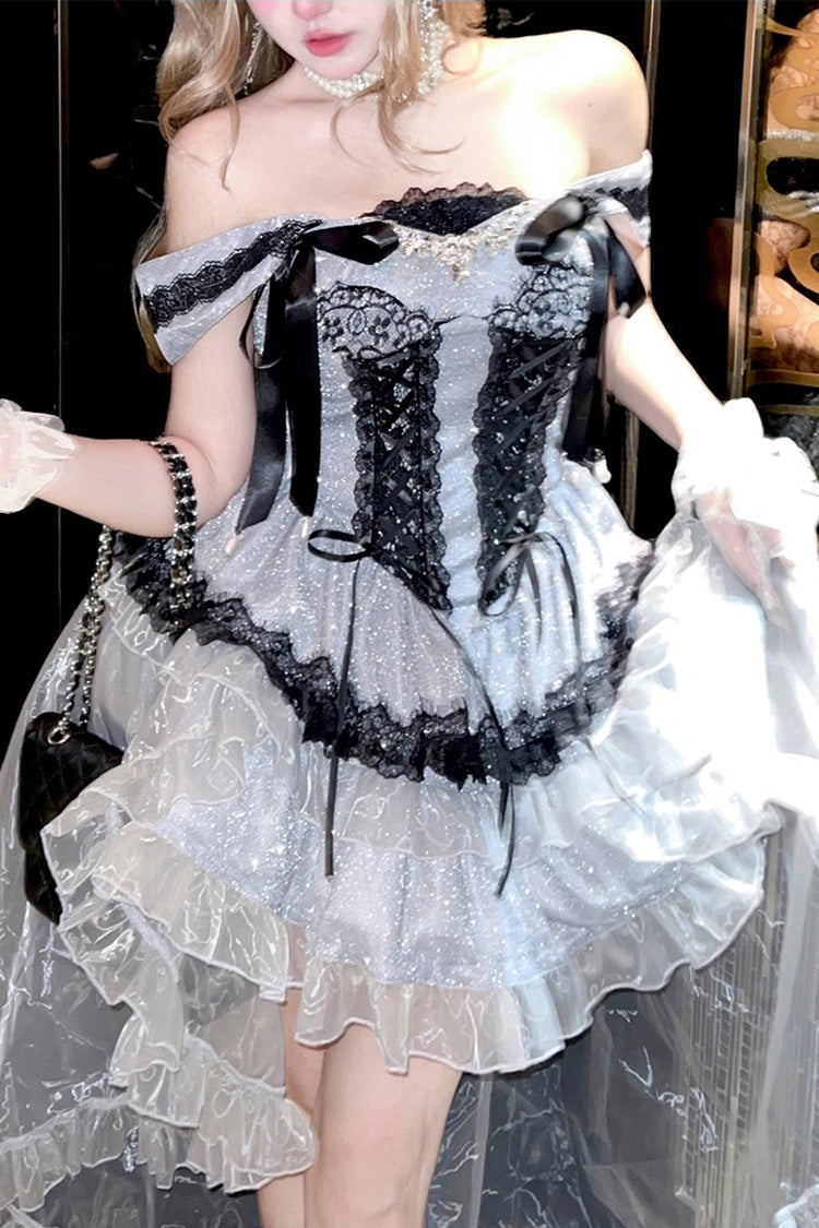Black/Grey [Love Poem] Boat Neck Sleeveless Multi-Layered Ruffle Bowknot Princess Classic Lolita Top  Skirt-Pants Set