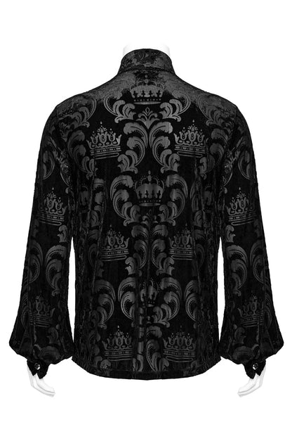 Black Stand Collar Puff Sleeves Jacquard Print Men's Gothic Blouse