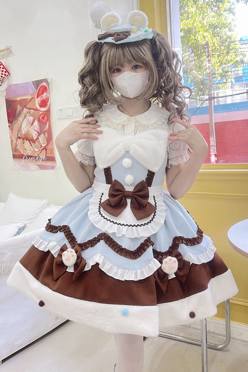 Blue/Brown [Cream Snow Cat] Winter Ruffle Bowknot Sweet Lolita Jsk Dress