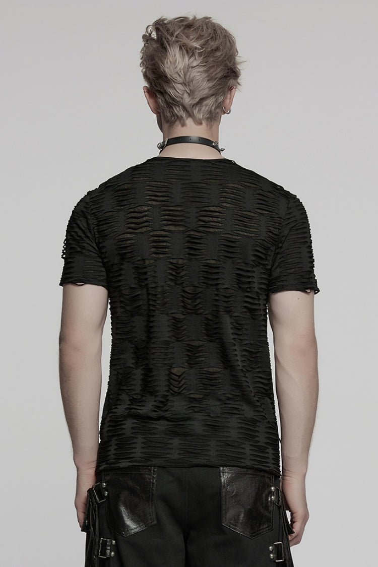 Black Short Sleeves Jacquard Faux Leather Stitching Ripped Rivet Men's Punk T-Shirt