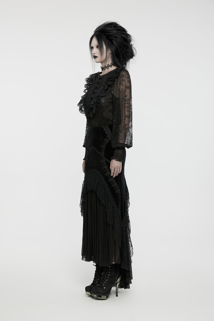Black Round Collar Long Lantern Sleeves Ruffle Lace Women's Gothic Blouse