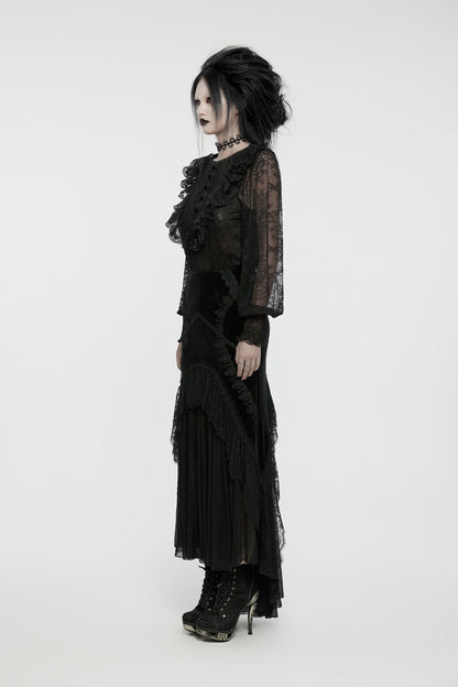 Black Round Collar Long Lantern Sleeves Ruffle Lace Women's Gothic Blouse