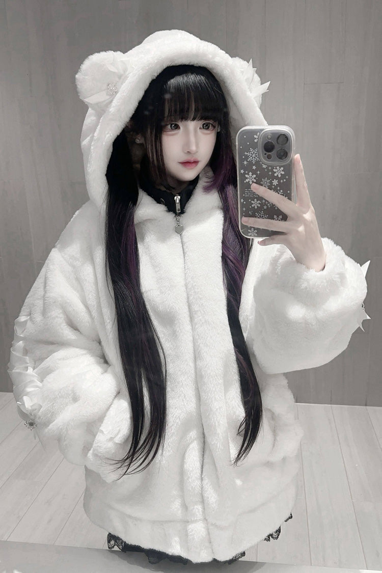 [Sleepy Bear Fluffy] Bear Ears Long Sleeves Bow Lace-Up Hooded Zippered Sweet Jirai Kei Japanese Coat