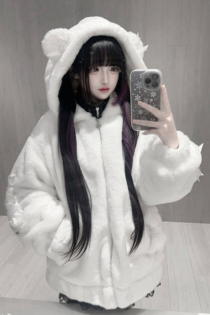 [Sleepy Bear Fluffy] Bear Ears Long Sleeves Bow Lace-Up Hooded Zippered Sweet Jirai Kei Japanese Coat