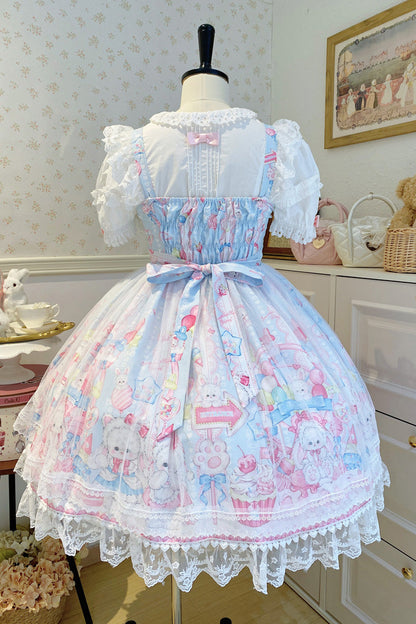 Blue [Cute Rabbit Sweet Cake] Print Ruffle Bowknot Lace Sweet Lolita Jsk Dress