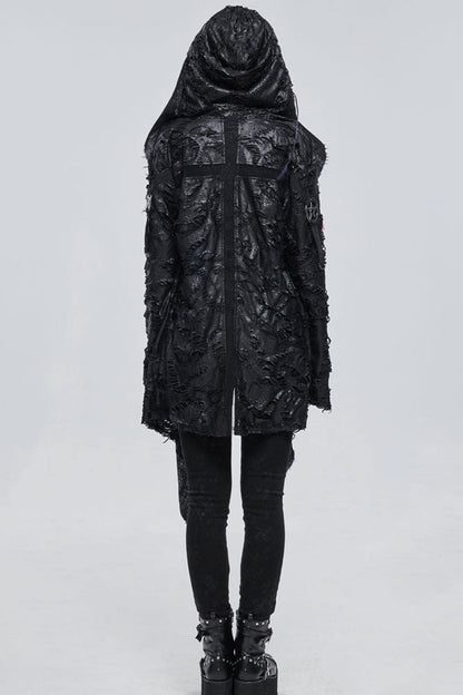 Black Punk Diablo Hole Design Cross Shape Stitching Transparent Mesh Metal Decoration Knitted Women's Coat
