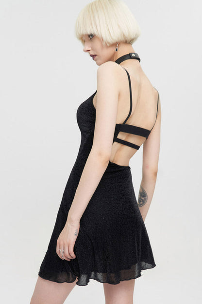 Black Punk Chest Cross Straps Sexy Suspenders Backless Women's Dress