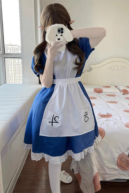 Blue/White [Alice Madness Returns] Short Sleeves Ruffle Sweet Plus Size Lolita Dress Full Set