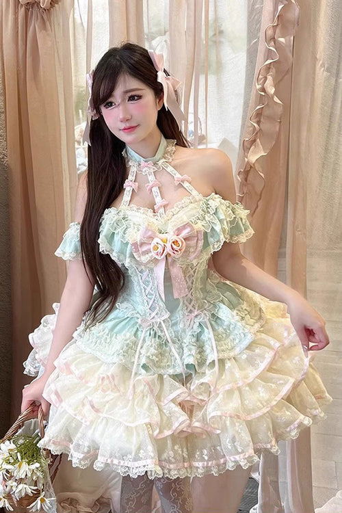 Green [Flower Language of Eros] Halterneck Multi-Layered Ruffle Bowknot Rose Lace Lace-Up Sweet Ballet Lolita Jsk Dress