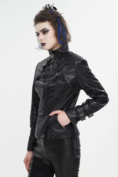 Black Stand Collar Crackled Buckle Women's Punk Jacket