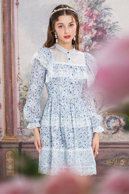 Blue Chiffon Stand Collar French Lace Floral Embroidered Trumpet Long Sleeves Ruffled Sweet Lolita OP Dress