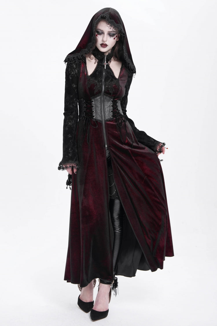 Red Long Sleeves Hollow Embroidery Hooded Ripped Women's Gothic Dress Coat